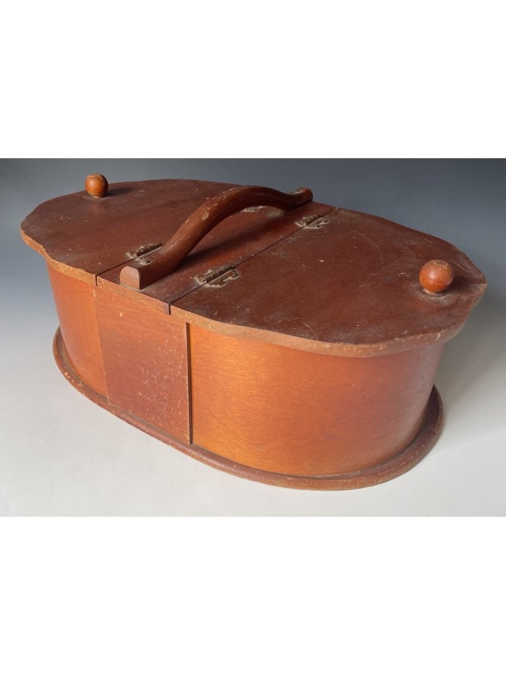 Antique Wooden Two-Sided Sewing Box Case Basket w/ Spool Holder Art Deco 1930s